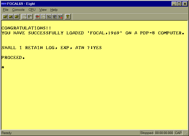 [image: screen shot of WinEight showing the boot dialog for FOCAL-69 in that marvelous Teletype font]